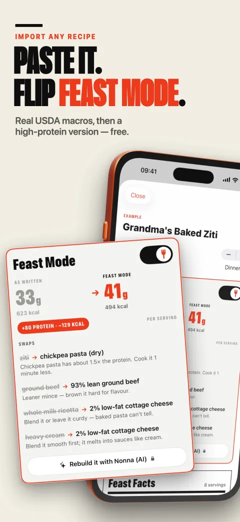 Paste any recipe. Flip Feast Mode on.