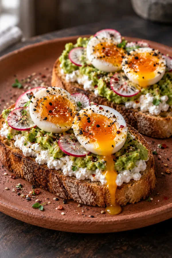 Avocado Toast with Jammy Eggs and Cottage Cheese