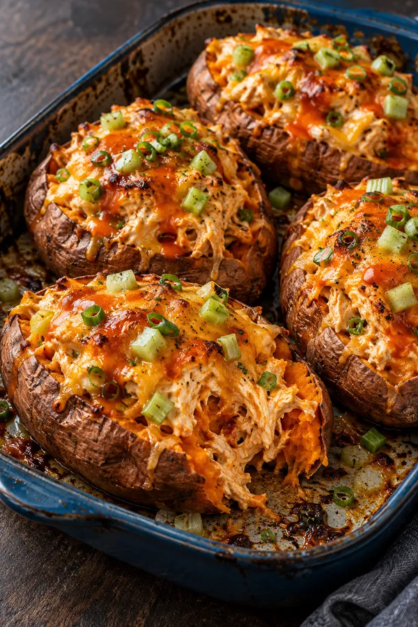 Buffalo Chicken Stuffed Sweet Potatoes